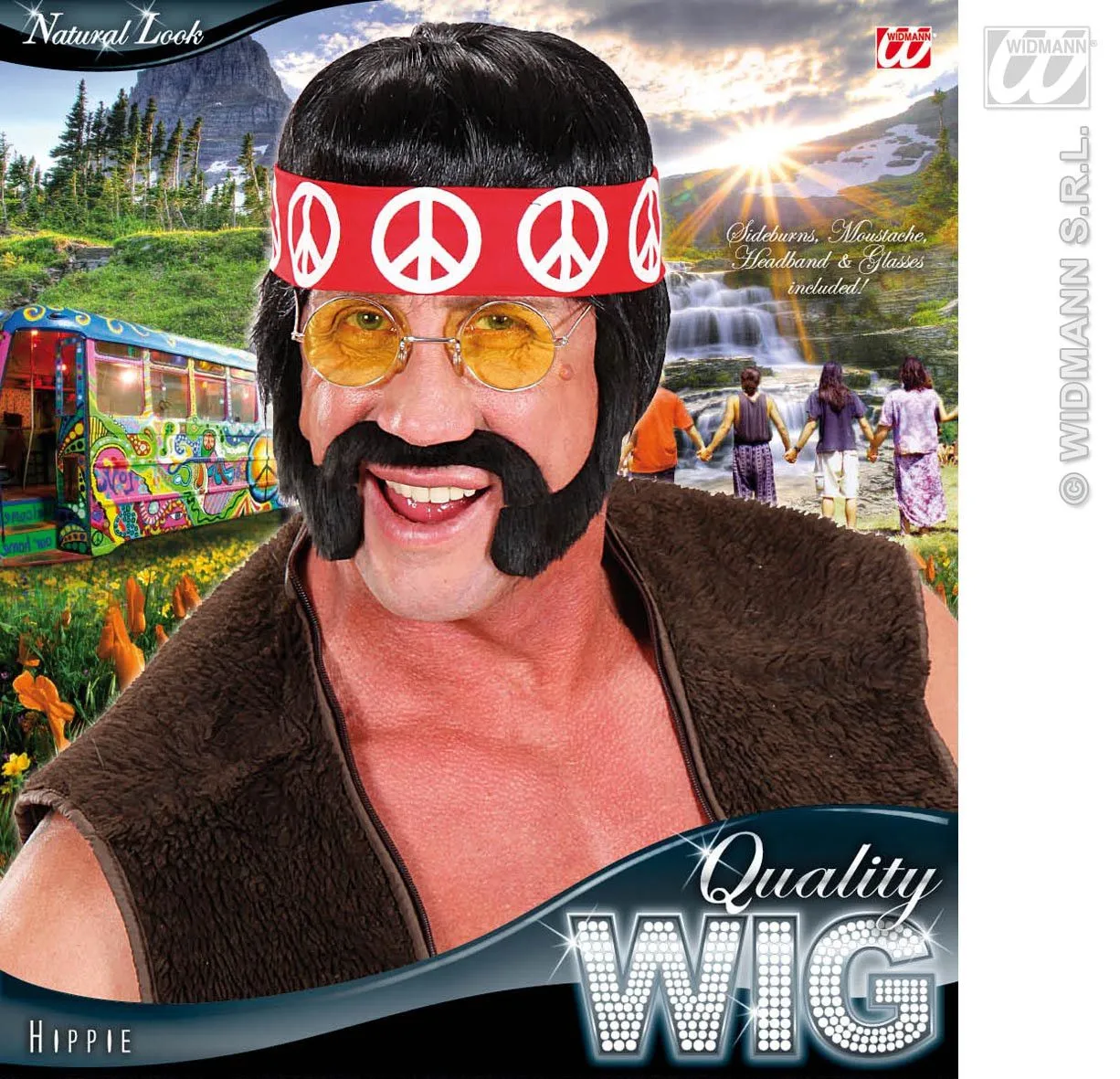 WIDMANN Pruik, Hippie Zwart Met Snor, Bakkebaard En Bril - Afbeelding 2