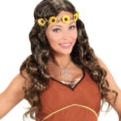 WIDMANN Curly Carla Pruik Hippie Bruin Met Zonnebloem Hoofdband